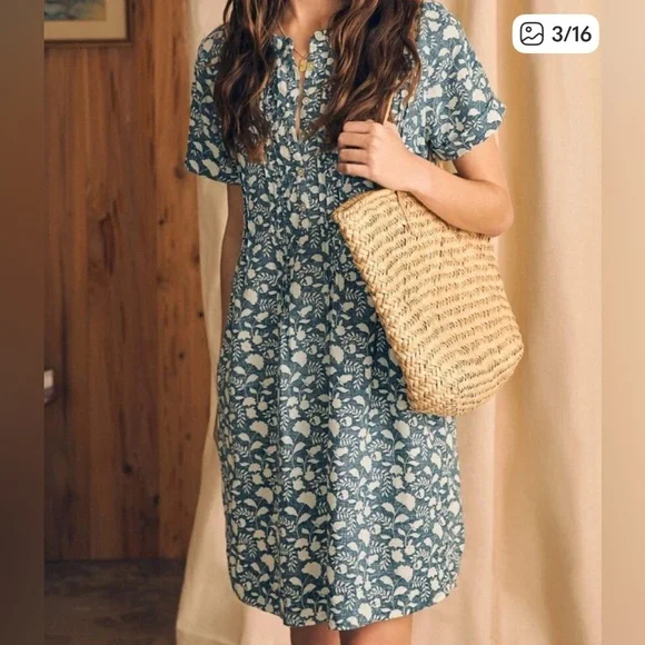 Faherty Gemina Pintuck Short Sleeve Linen Blend Shirt Dress In Blue Stripe Sz M - Picture 2 of 10